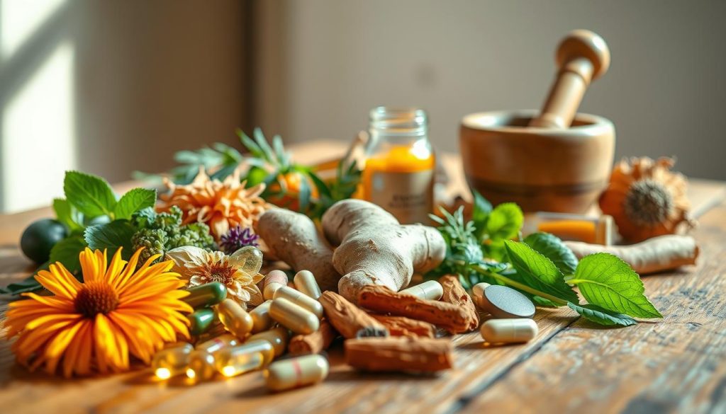 A beautifully lit, closeup still life of an assortment of fresh, vibrant herbal supplements arranged on a rustic wooden table. In the foreground, a selection of whole herbs like echinacea, ginger, and turmeric root, along with capsules and tinctures. In the middle ground, a mortar and pestle, a small glass jar, and a sprig of greenery. The background features soft, warm lighting that casts gentle shadows, creating a calming, natural atmosphere. The overall composition emphasizes the purity and potency of these natural immune-boosting ingredients.