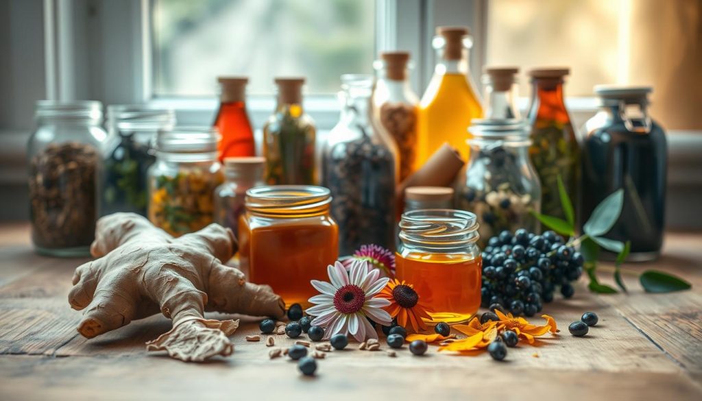 A beautifully lit still life featuring an assortment of herbal remedies for immunity support. In the foreground, a wooden table is adorned with a variety of natural ingredients - fresh ginger, turmeric roots, echinacea flowers, elderberries, and a honey jar. Behind them, a collection of glass jars and bottles filled with dried herbs and tinctures is arranged in a visually appealing way. Soft, natural lighting from a window casts a warm, inviting glow over the scene, highlighting the textures and colors of the natural elements. The overall mood is one of wellness, vitality, and the soothing power of nature's remedies.