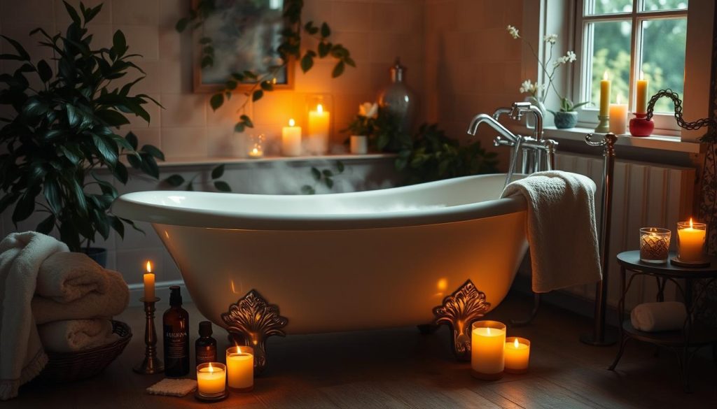A cozy, candlelit bathroom with an ornate claw-foot bathtub filled with fragrant, steaming water. Alongside the tub, an array of essential oil bottles, bath salts, and a plush towel. The room is bathed in a warm, soft glow, with flickering candles casting gentle shadows across the scene. In the background, lush greenery and delicate flowers adorn the space, creating a serene, spa-like atmosphere. A sense of tranquility and relaxation permeates the air, inviting the viewer to indulge in a luxurious aromatherapy bathing ritual.