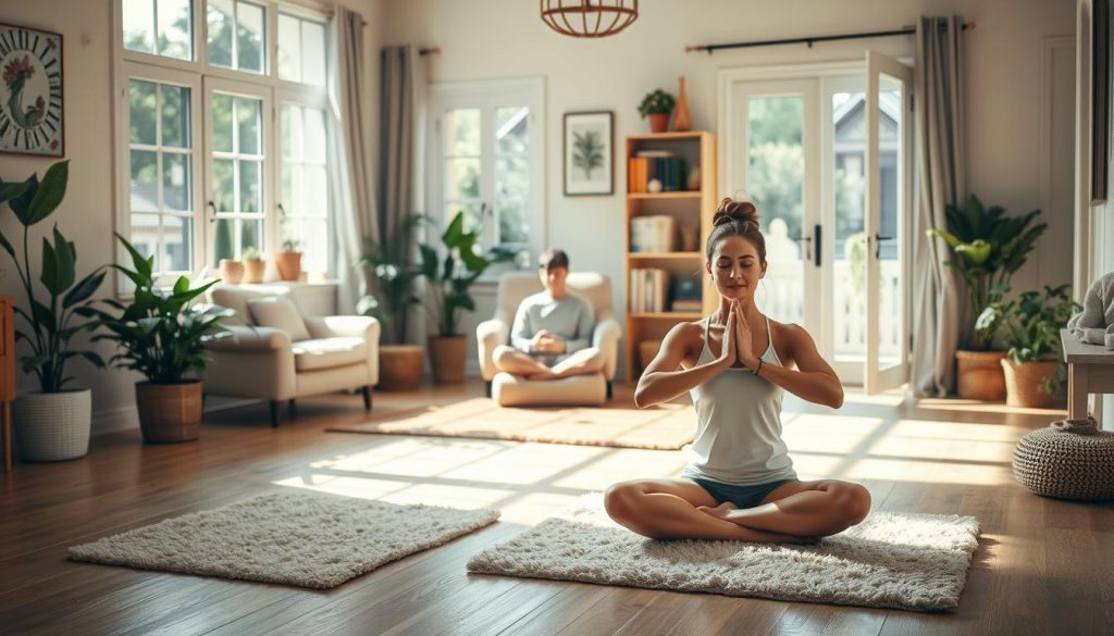 A cozy home interior with natural light streaming through large windows, highlighting a peaceful scene of various stress-relieving physical activities. In the foreground, a person is performing gentle yoga poses on a plush rug, their expression serene. In the middle ground, another person is engaged in a calming meditation session, sitting cross-legged on a comfortable cushion. The background features an inviting reading nook with a plush armchair, bookshelves, and potted plants, creating an overall calming and rejuvenating atmosphere. The color palette is soothing, with earthy tones and soft, natural lighting, conveying a sense of tranquility and well-being.