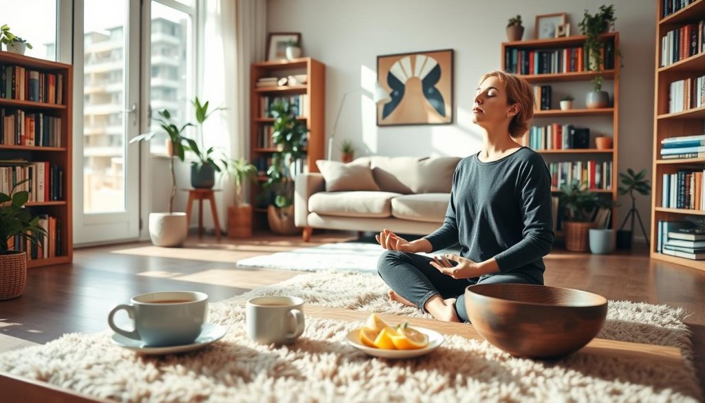 A cozy living room bathed in soft, natural light. In the foreground, a person sitting cross-legged on a plush rug, eyes closed, practicing deep breathing exercises. On the coffee table, a steaming mug of herbal tea and a bowl of freshly cut fruit. Bookshelves line the walls, filled with titles on mindfulness and self-care. Potted plants and a gentle water feature add to the serene, restorative atmosphere. The overall mood is one of tranquility and focused relaxation, inviting the viewer to experience a moment of respite and rejuvenation.