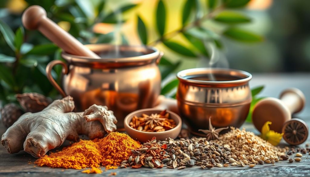 A detailed Ayurvedic still life showcasing various herbs and spices for digestive health. In the foreground, carefully arranged are dried ginger, turmeric, coriander, cumin, and fennel seeds. In the middle ground, a copper vessel filled with steaming herbal tea, complemented by a wooden mortar and pestle. The background features lush green leaves and a serene, softly lit setting, evoking a sense of natural balance and holistic wellness. The overall composition is lit by warm, diffused lighting, creating a calming, inviting atmosphere that highlights the natural ingredients and their restorative properties.