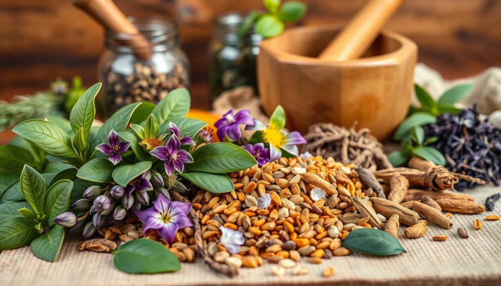 A meticulously arranged still life of an assortment of Ayurvedic herbs and spices, shot with a macro lens in warm, natural lighting. In the foreground, a selection of vibrant green and purple leaves, fragrant flowers, and aromatic seeds, including tulsi, ashwagandha, turmeric, and cardamom. Behind them, a wooden mortar and pestle, and glass jars filled with dried herbs. The middle ground features rustic, earthy textures, such as a rough-hewn wooden surface and a linen cloth. The background is softly blurred, suggesting a cozy, inviting atmosphere, perfect for crafting your own natural Ayurvedic remedies.