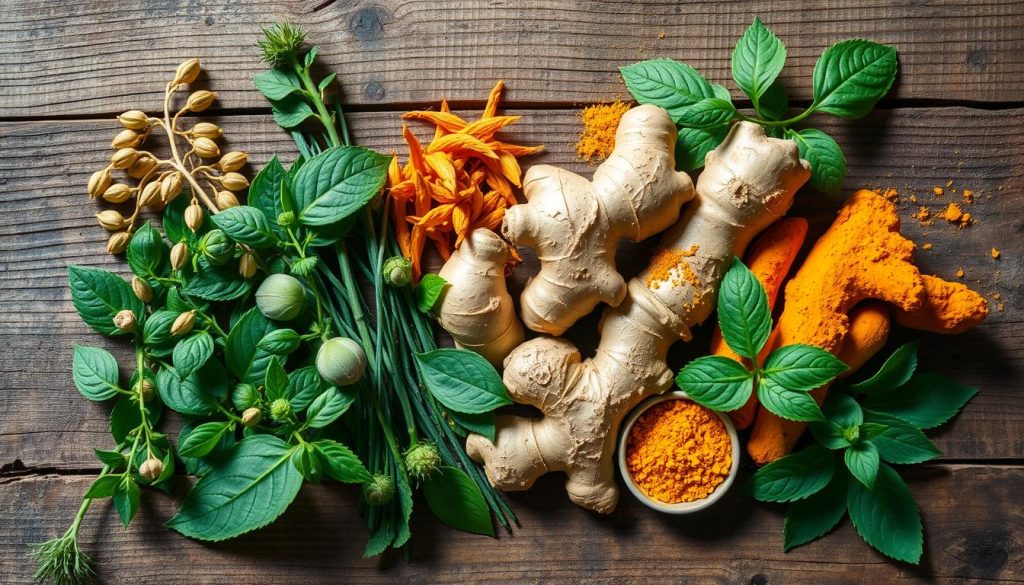 A neatly arranged composition of fresh Ayurvedic herbs, including ashwagandha, tulsi, ginger, and turmeric, illuminated by soft natural light. The plants are placed on a rustic wooden surface, their vibrant colors and intricate textures contrasting with the earthy background. The overall mood is calming and restorative, suggesting the soothing and stress-relieving properties of these ancient medicinal plants. The image is captured from a slightly elevated angle, creating a sense of balance and harmony within the frame.