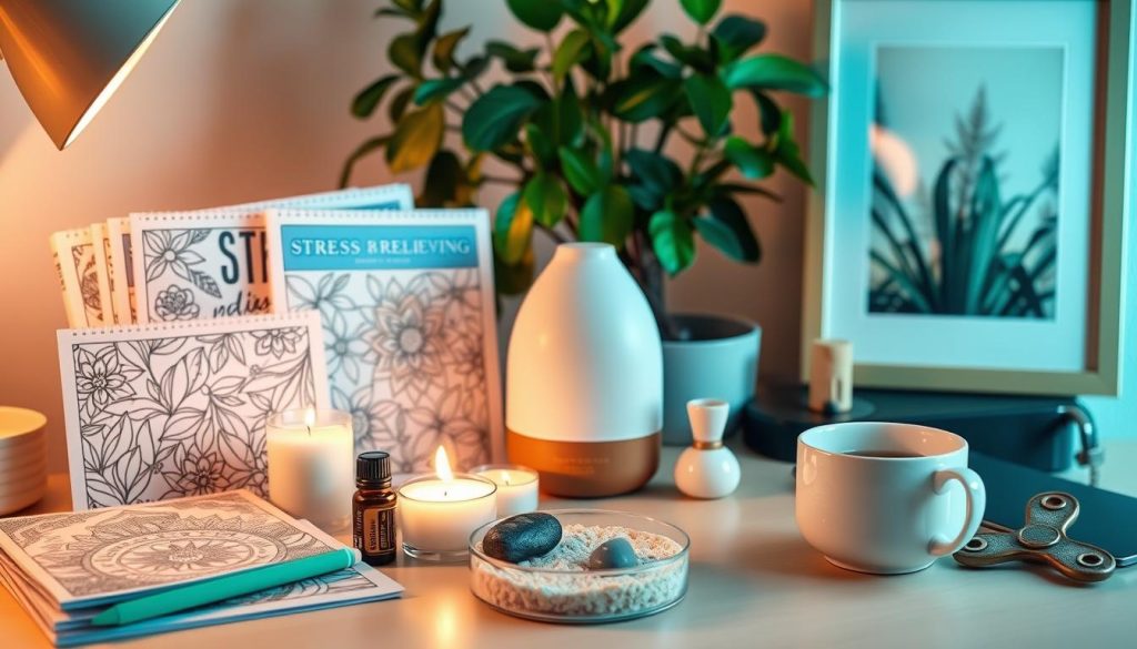 A neatly organized desk setup featuring various stress-relieving essentials. In the foreground, a selection of therapeutic coloring books, scented candles, and a small zen garden with sand and stones. In the middle ground, a calming essential oil diffuser, a fidget spinner, and a cozy mug of herbal tea. In the background, a large potted plant and a framed piece of nature artwork. Soft, warm lighting bathes the scene, creating a peaceful, spa-like ambiance. The overall mood is one of mindfulness, tranquility, and self-care.