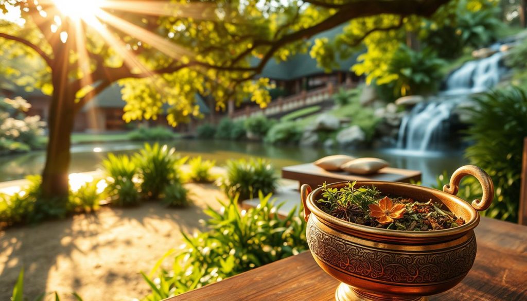 A serene Ayurvedic wellness sanctuary nestled amidst a lush, verdant landscape. In the foreground, an ornate copper vessel filled with fragrant herbs and spices, evoking the ancient art of Ayurvedic detoxification. Sunlight filters through the canopy of trees, casting a warm, golden glow. In the middle ground, a wooden meditation platform with plush cushions, inviting the practitioner to find inner calm. In the background, a tranquil pond reflects the surrounding natural beauty, complemented by the soothing sound of a cascading waterfall. The overall atmosphere exudes a sense of balance, harmony, and restorative energy.