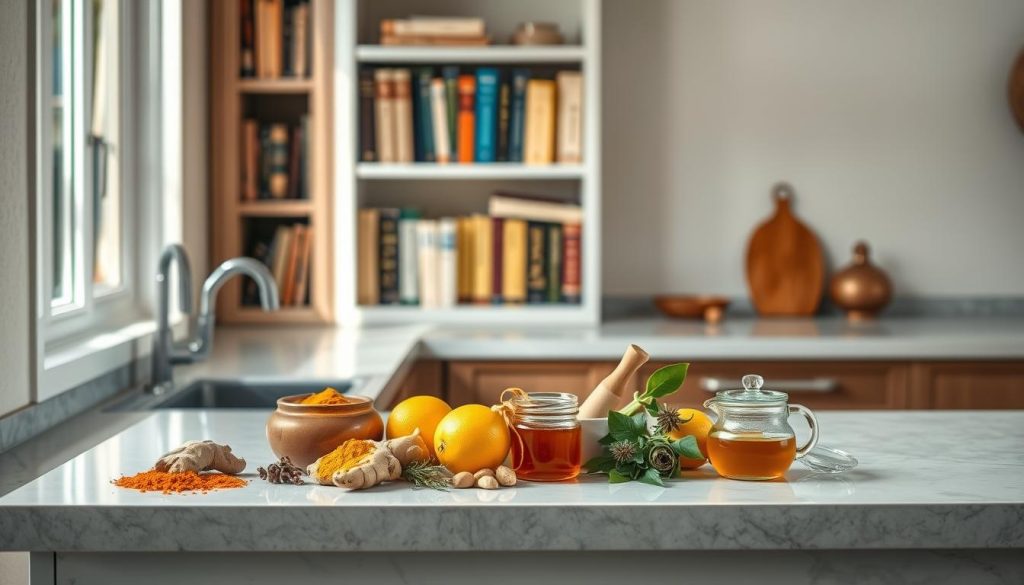 A serene and tranquil kitchen counter, illuminated by soft, natural lighting filtering through a window. On the counter, an array of Ayurvedic ingredients - turmeric, ginger, lemon, honey, and various herbs, artfully arranged. In the background, a bookshelf filled with Ayurvedic texts and a calming, neutral-toned wall. The composition exudes a sense of balance, simplicity, and a holistic approach to wellness, inviting the viewer to imagine creating a nourishing, Ayurvedic detox diet plan.