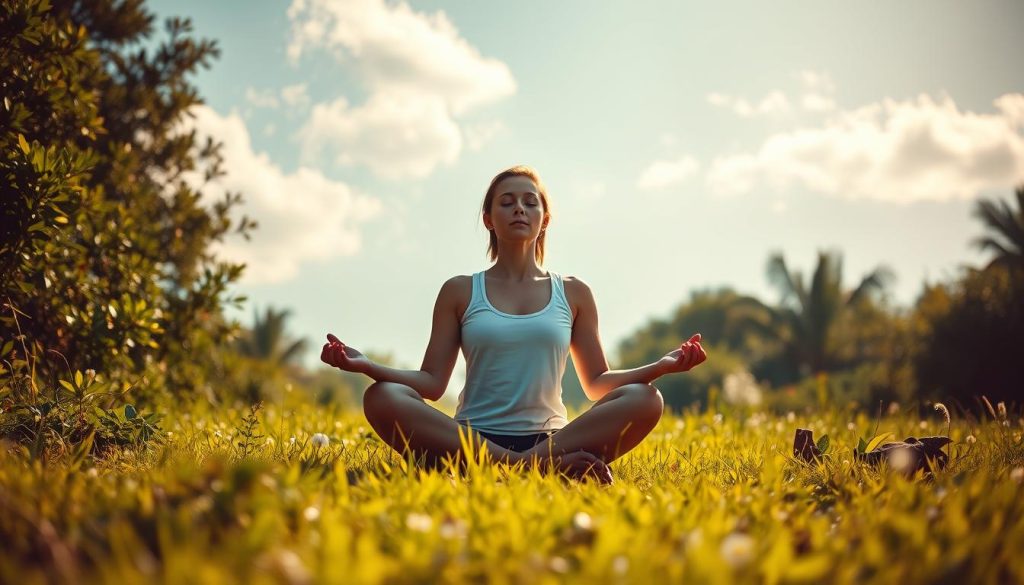 A serene figure sits cross-legged, eyes closed, palms upturned, in a sun-dappled meadow surrounded by lush green foliage. Soft ambient lighting casts a warm, calming glow, accentuating the tranquil atmosphere. The pose and setting evoke a sense of deep, mindful breathing, with the individual finding inner peace and balance through the practice. Wispy clouds drift overhead, reflecting the peaceful, meditative state. The composition is framed by the natural landscape, creating a harmonious, grounding scene that visually encapsulates the concept of "mindfulness through breathing exercises."