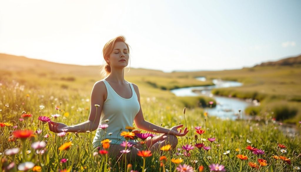A serene meadow on a sunny day, with a person sitting in a meditative pose, surrounded by vibrant wildflowers. In the background, a tranquil stream winds through the lush landscape, reflecting the clear blue sky. Soft, diffused lighting casts a warm glow, creating an atmosphere of inner peace and emotional wellness. The person's expression is one of calm focus, their eyes closed as they practice mindfulness techniques. The scene conveys a sense of harmony, balance, and the restorative power of connecting with nature.