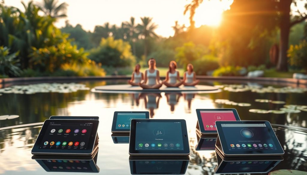 A serene meditation garden with a calming pond, featuring various meditation apps displayed on floating tablets. The scene is bathed in warm, natural lighting, creating a peaceful, introspective atmosphere. The tablets are arranged in the foreground, showcasing different app interfaces with icons and minimal UI elements. In the middle ground, a group of people are seated in lotus position, meditating with their eyes closed. The background features lush, green foliage and a tranquil sky, enhancing the overall sense of relaxation and mindfulness.