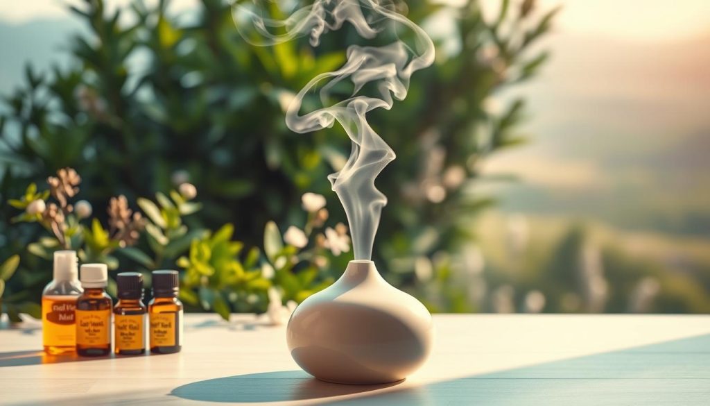 A serene, minimalist scene showcasing the benefits of aromatherapy for stress relief. In the foreground, an array of essential oil bottles and a ceramic diffuser emitting wispy tendrils of fragrant steam. Warm, soft lighting bathes the scene, creating a calming, spa-like ambiance. In the middle ground, lush green foliage and delicate flowers provide a natural, soothing backdrop. The background features a blurred, pastel-hued landscape, evoking a sense of tranquility and relaxation. The overall composition conveys the therapeutic power of aromatherapy to alleviate stress and promote well-being.