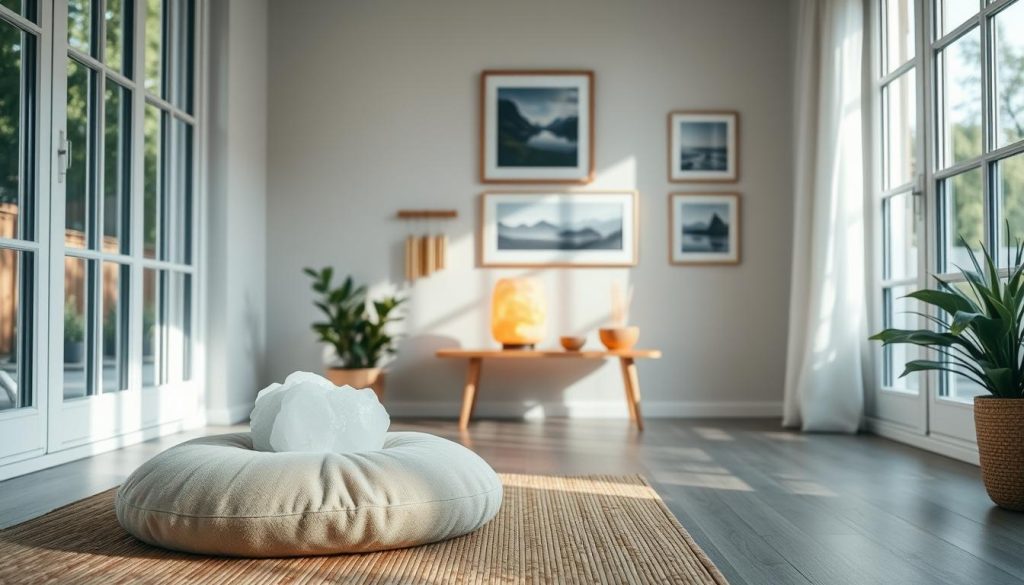 A serene studio with natural light streaming through large windows, illuminating a cozy meditation space. In the foreground, a plush meditation cushion sits on a bamboo mat, inviting the viewer to settle in. In the middle ground, a wooden side table displays a glowing Himalayan salt lamp, a set of meditation chimes, and a small bowl of freshly lit incense. The background features a minimalist gallery wall with framed landscape photos, creating a tranquil, nature-inspired atmosphere. The overall mood is one of calm, introspection, and rejuvenation.