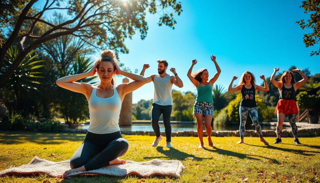 A serene, sun-dappled outdoor setting, with a group of diverse individuals engaged in a variety of mood-boosting exercises. In the foreground, a woman performs gentle yoga poses on a plush mat, her expression calm and focused. Behind her, a man lifts weights with determination, his muscles glistening in the warm lighting. In the middle ground, a group of friends enthusiastically participate in a lively dance routine, their movements synchronized and joyful. In the background, a tranquil pond reflects the azure sky, and lush greenery creates a soothing, natural ambiance. The scene radiates a sense of holistic well-being, inviting the viewer to imagine themselves immersed in these revitalizing physical activities.