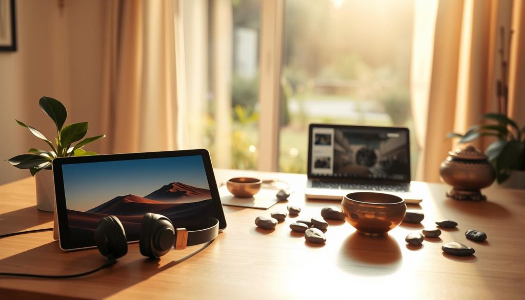 A serene workspace filled with digital mindfulness tools, bathed in warm, natural lighting. In the foreground, a minimalist desk displays a tablet displaying soothing meditation imagery, a pair of noise-cancelling headphones, and a potted plant. The middle ground showcases a laptop open to a mindfulness app, surrounded by scattered river stones and a small Tibetan singing bowl. In the background, a large window overlooks a tranquil garden, framed by soft, billowing curtains. The overall atmosphere conveys a sense of digital calm and introspection.