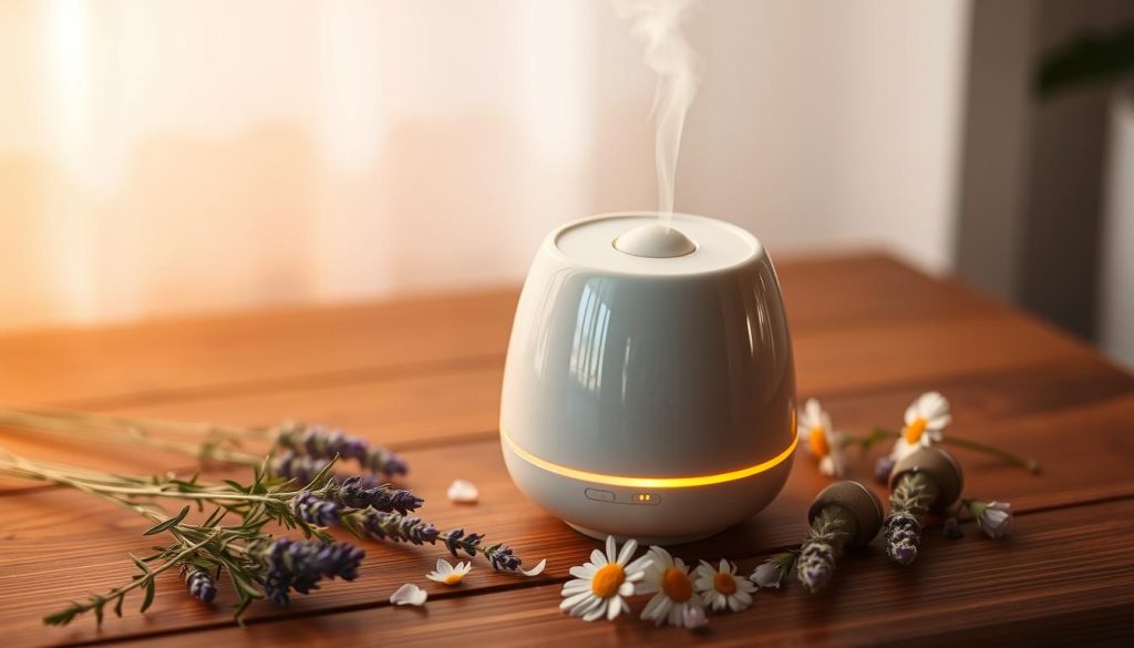 A sleek, modern aromatherapy diffuser, its smooth ceramic body reflecting the warm glow of a soft, ambient light. The device sits atop a wooden surface, surrounded by scattered sprigs of fragrant herbs and flowers, such as lavender, rosemary, and chamomile. The diffuser's mist gently billows upward, infusing the air with a soothing, calming aroma that evokes a sense of tranquility and relaxation. The lighting is soft and natural, casting a comforting, spa-like atmosphere. The scene conveys the peaceful, therapeutic experience of using essential oils to alleviate stress and promote well-being.