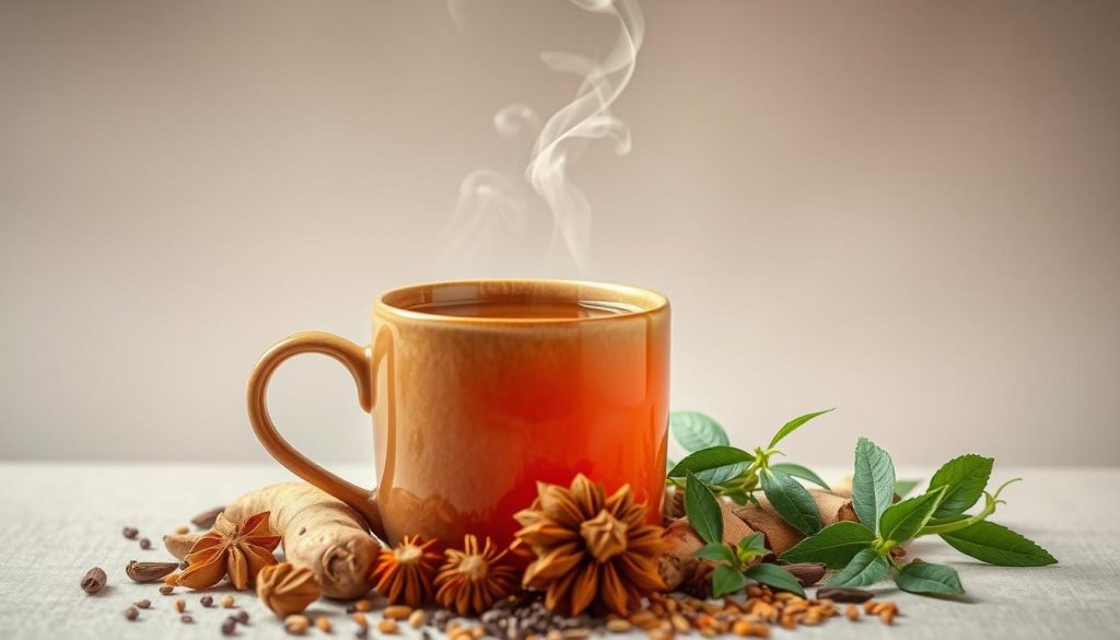 A steaming ceramic mug filled with a warm, amber-hued ayurvedic herbal tea, surrounded by an assortment of freshly harvested medicinal herbs and spices. Delicate steam wisps curl upwards, hinting at the soothing aroma of cardamom, ginger, and tulsi. The mug is set against a neutral background, allowing the vibrant, earthy tones of the tea and herbs to take center stage. Soft, directional lighting casts gentle shadows, highlighting the natural textures and details of the ingredients. The overall scene conveys a sense of calm, wellness, and the ancient, holistic practices of Ayurvedic medicine.