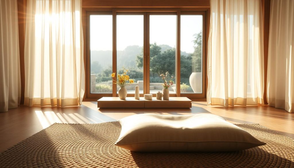 A tranquil meditation space, bathed in warm, natural light filtering through sheer curtains. In the foreground, a plush meditation cushion rests on a woven natural fiber rug, inviting the viewer to sit and quiet the mind. The middle ground features a simple, minimalist altar with a small statue, candle, and fresh flowers, creating a focal point for contemplation. In the background, a large window overlooks a serene garden landscape, providing a calming, nature-inspired vista. The overall atmosphere is one of serenity, simplicity, and introspection, perfectly suited for a peaceful, rejuvenating meditation practice.