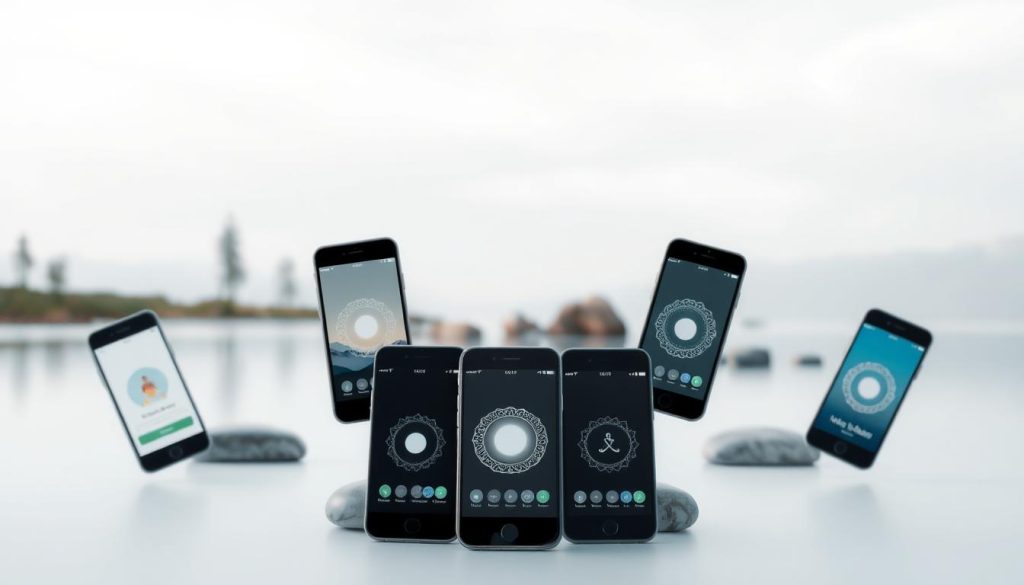 A tranquil scene of meditation apps floating in a serene, calming environment. In the foreground, several mobile devices are arranged with various meditation app interfaces displayed, conveying a sense of digital tools for mindfulness. The middle ground features a gentle, blurred landscape with natural elements like trees, rocks, and a calming body of water. The background is a soft, muted sky with soft, diffused lighting, creating an atmosphere of peace and serenity. The overall composition and color palette evoke a sense of digital tools harmoniously integrated with a natural, calming setting, reflecting the theme of finding mindfulness and calm through digital means.