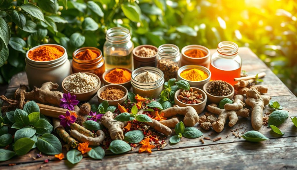 A vibrant arrangement of ayurvedic herbs and botanicals, bathed in warm, natural lighting and captured from a slight overhead angle. In the foreground, an assortment of fragrant leaves, flowers, and roots including turmeric, ashwagandha, ginger, and holy basil, carefully displayed on a rustic wooden surface. The middle ground features jars and bowls containing various powders, tinctures, and oils, hinting at the restorative properties of these ancient herbal remedies. The background showcases lush, verdant foliage, creating a serene, wellness-inspired atmosphere. The overall composition conveys the holistic, natural approach of Ayurvedic wellness practices.