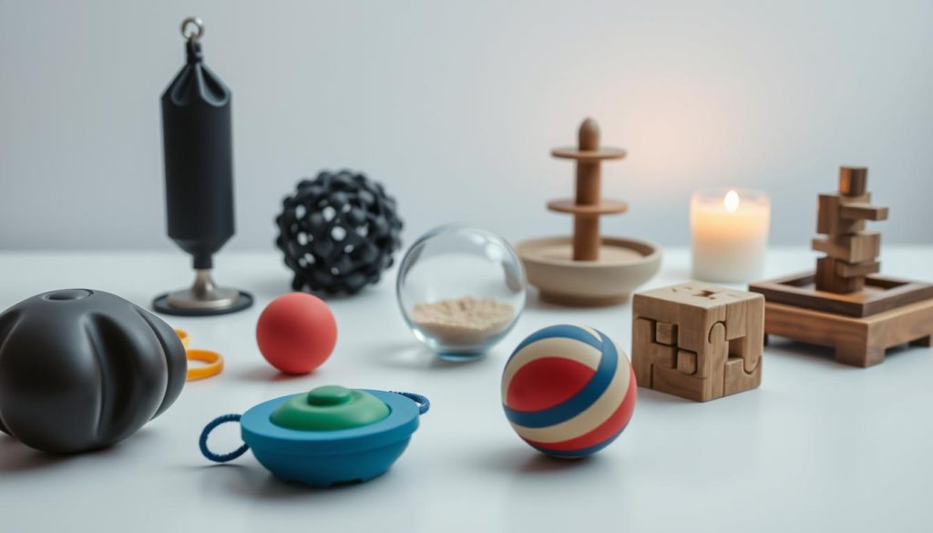 A well-lit, close-up shot of an assortment of physical stress relief gadgets arranged on a minimalist white tabletop. In the foreground, various fidget toys like a desktop punching bag, a squishy stress ball, and a kinetic desk sculpture. In the middle ground, a rolling massage ball, a desktop sand garden, and a wooden puzzle cube. In the background, a small water fountain and a candle emitting a calming ambient glow. The overall mood is one of serene simplicity, inviting the viewer to interact with these tactile tools for immediate relaxation.