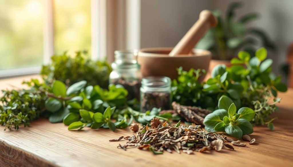 A wooden table with a variety of freshly harvested medicinal herbs arranged neatly in the foreground. In the middle ground, a mortar and pestle, a small glass jar, and a handful of dried herb leaves. The background features a soft, out-of-focus window, allowing natural light to filter in and create a warm, inviting atmosphere. The lighting is soft and diffused, highlighting the textures and colors of the herbs. The overall composition conveys a sense of calm, focus, and the natural processes of herbal preparation.
