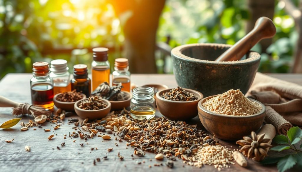 Detailed Ayurvedic herbal formulations for treating chronic anxiety. In the foreground, a wooden table with various dried herbs, ayurvedic medicines, and essential oils. In the middle ground, a mortar and pestle grinding the herbs into a fine powder. In the background, a serene, natural setting with lush greenery, soothing natural light, and a tranquil ambiance. The overall mood is one of holistic healing, ancient wisdom, and natural remedies for managing persistent stress and anxiety. Captured with a soft, warm lens at a 3/4 angle to highlight the textures and colors of the Ayurvedic ingredients.