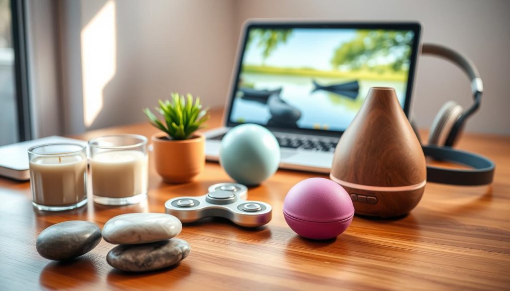 Stress relief accessories arranged on a wooden desk, with natural lighting casting a warm glow. In the foreground, a set of smooth river stones, a scented candle, and a small potted plant. In the middle ground, a fidget spinner, a stress ball, and a soothing essential oil diffuser. In the background, a pair of noise-cancelling headphones and a calming nature scene displayed on a tablet or laptop screen.